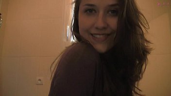 Sexy French chick in bathroom makes a strip tease for you
