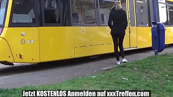 German teen jerks off the cock in the tram