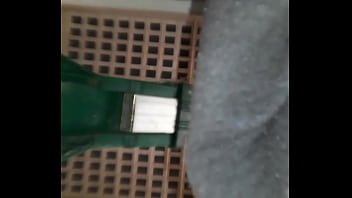 Rubbing cock with butt plug in bare ass on front porch