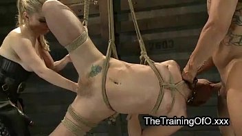 Tied up suspended blonde t. and fisted and throat fucked