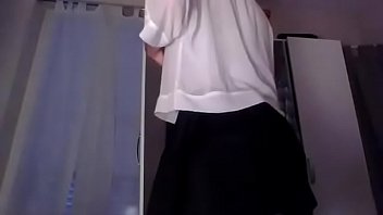 Young amateur cross dresser secretary teasing and masturbating in a sexy skirt and cute blouse back from the office