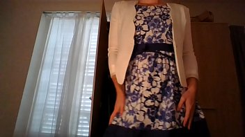 Amateur cross dresser wearing a cute secretary flower dress and sexy white blazer teasing and touching