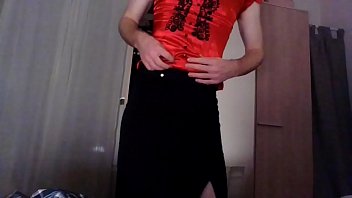 Amateur cross dresser back from the office in a sexy black blazer, red hot chinese qipao and a sexy black skirt touching and masturbating