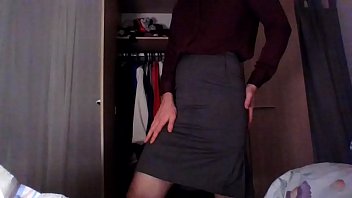 Sexy crossdresser secretary ejaculating just for you in silk and skirt