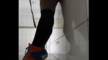 Pseudo playing fake dick in public toilet