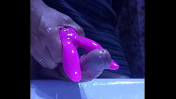 Slow jerk with my wife's vibrator lots of cum in glass tight balls finger in asshole