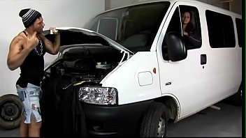 Muscular car mechanic dates in his workshop with juicy swarthy-faced hottie Mary Sanches with big natural tits and hairy pussy