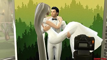 Neu verheiratete Frau im Hochzeitskleid im Fotoshooting neben ihrem Cuckold-Ehemann gefickt Netorare Spiel