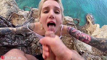 Babe Blowjob Big Dick and Cum in Mouth Outdoor by the Sea