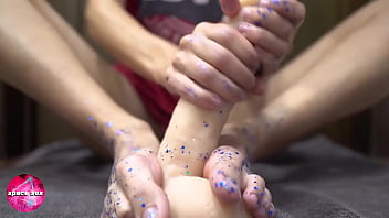Girl Play with Glitters and Footjob Big Dildo - Foot Fetish