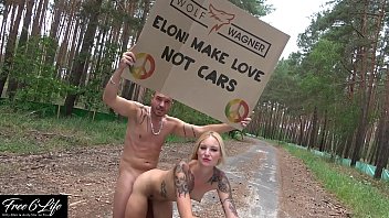 Nude protest in front of Tesla Gigafactory Berlin Pornshooting against Elon Musk