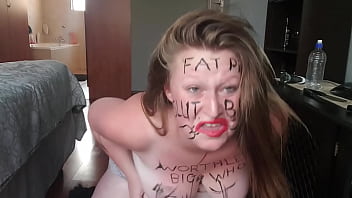 Big fat worthless pig degrading herself | body writing |hair pulling | self slapping