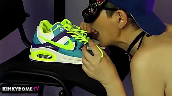 ASMR - Nike sneakers fetish. The girl licks the used shoes.