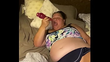 BBW cow whore plays with the pink vibrator until she cums again