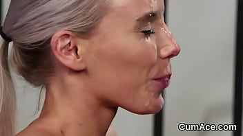 Hot honey gets sperm load on her face eating all the spunk
