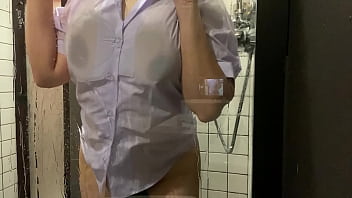 student with very big breasts gets fucked in the bathroom.
