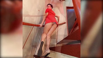 Vintage spiral staircase. Regina Noir's panties show. Try on panties