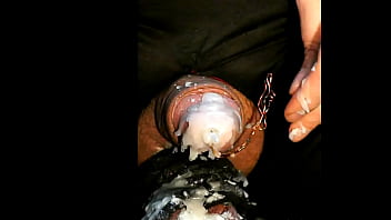 cock candle burning inside peehole, CBT extreme slave gimp lighting on fire this superchub glans dick head, 4 inch deep thightly plugged piss slit burns in