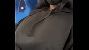 Naught slut shows tits on train