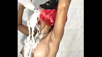 Milk splash on big fake tits