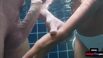 Thai amateur teen GF sex in the pool with her big cock European boyfriend