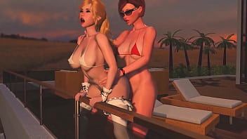 Une transsexuelle rousse en chaleur baise une transsexuelle blonde - Sexe anal, porno de dessin animé Futanari 3D au coucher du soleil