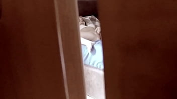 Spying behind a door a teen stepdaughter masturbating in bedroom and coming very intense