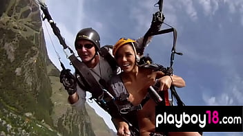 Badass blondies Bianca Diamond and Kitty stripping to try nude paragliding