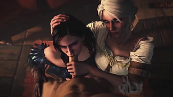 Witcher 3 Ciri and Yennefer Have Double Blowjob for Geralt - Freya Allan and Anya Chalotra Sex Fantasy