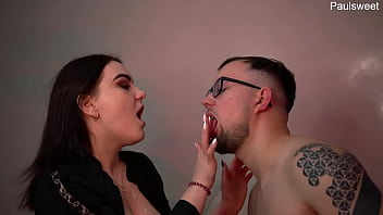 Girl fucks and humiliates a guy in a chastity belt and kisses him with his cum in her mouth!!
