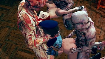 Resident Evil sex, Jill Valentine and Claire Redfield gangbang with zombies and guards