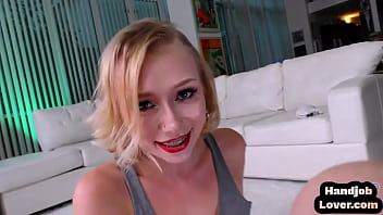 Petite handjob babe oiling and tugging pov cock in couple