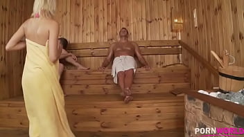 Sex addict Karina Grand rides two dicks in sauna double penetration action GP895