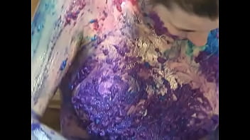 Teen chick strips and plays in puddle of body paint on the kitchen floor