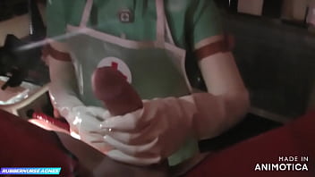 Rubbernurse Agnes - jade green clinic nurse dress with mask, gloves, clear PVC apron - blowjob, handjob, a little spanking, analfisting and final cumshot