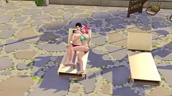 A hairy man joined a sucking couple by the pool