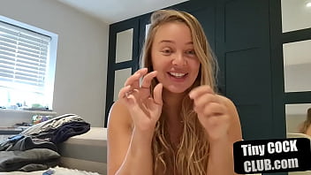 Dirty talking blonde babe with big tits laughs to small cock