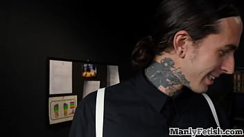 Tattooed crossdresser barebacks bottom in the office