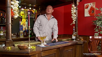 With no one left in the bar the lusty brunette sucks off the horny bartender