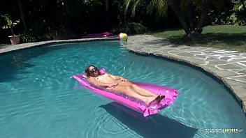 Topless sunbathing gets this brunette babe to masturbate in front of her big cock boyfriend