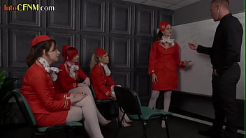 CFNM stewardesses in femdom group oral and wanking action