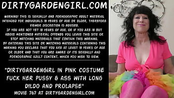 Dirtygardengirl in pink costume fuck her pussy & ass with long dildo and prolapse