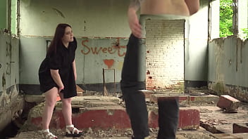 Bull cums in cuckold wife on an abandoned building