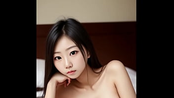 Young skinny Japanese girl with beautiful natural tits on the bed