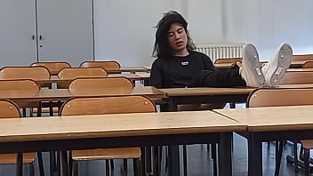 Horny at school during course revision, this French-Asian student takes out his cock in public, jerks off in a risky university classroom