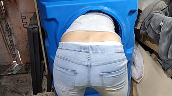 Cute girl in jeans stuck in the barrel while cleaning inside. And best husbands friend come to help and fucked her. 4K. Made by Sasha Grein