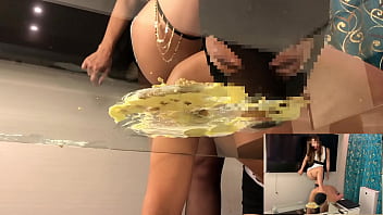 Japanese woman peeing barefoot through glass Food crush