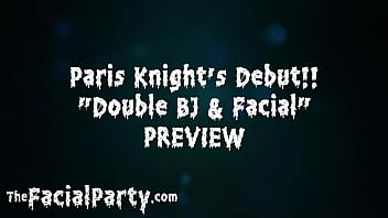 A estreia facial da festa de Paris Knight engasgando com 2 galos gordos e levando suas cargas de esperma no rosto