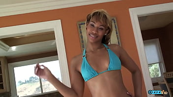 Ebony chick takes off her blue bikini to fuck with a white dude