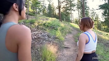 Lesbians - chubby ginger and hot brunette drink piss in the woods